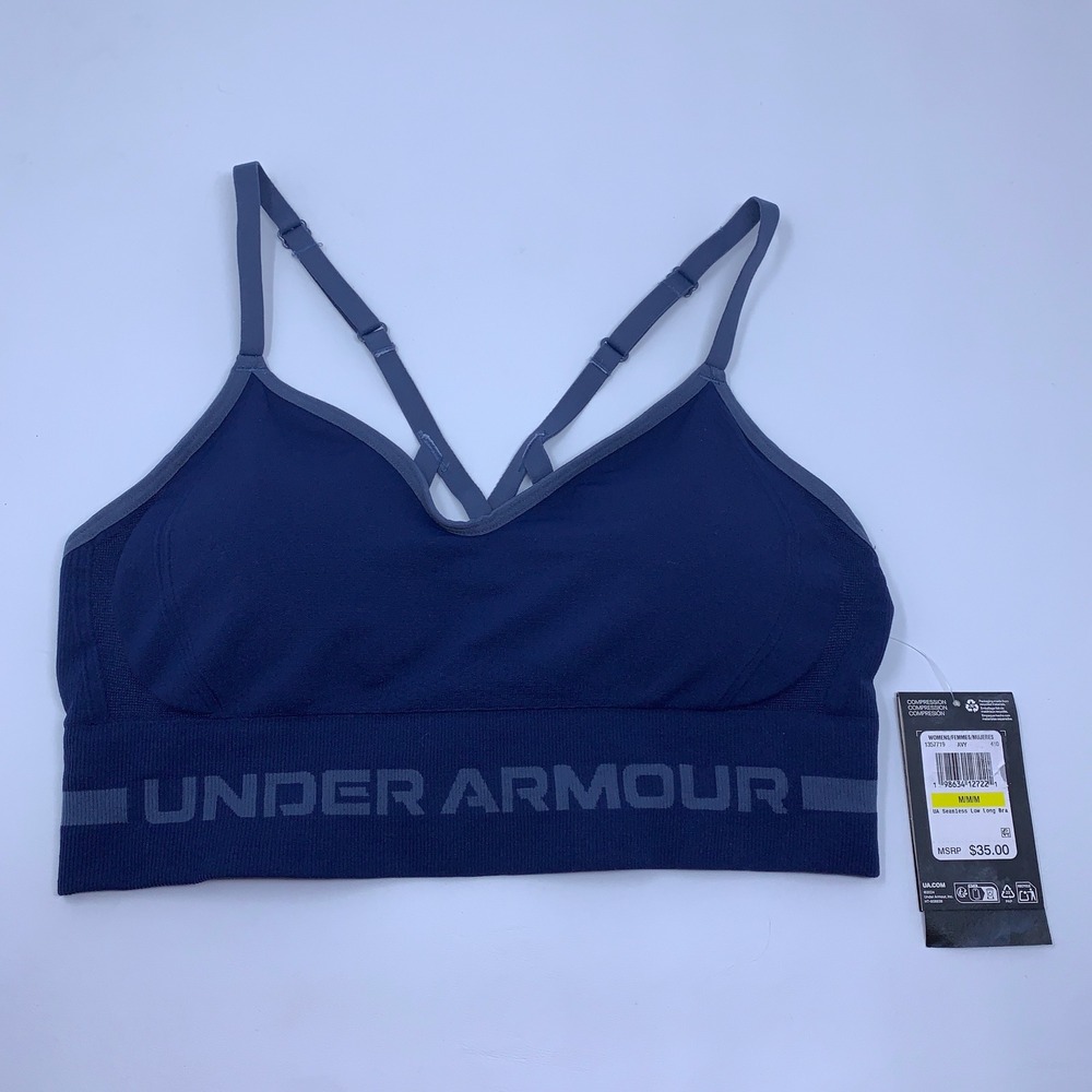 Under Armour Womens M Navy Blue Seamless Low Long Light Support Sports Bra NWT